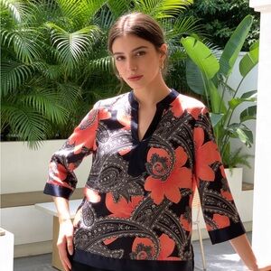 Women’s Asian Inspired Black & Coral Paisley Floral Top